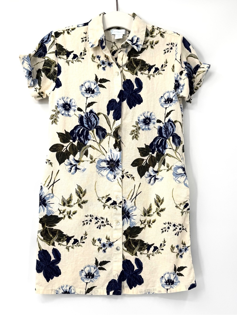 Cynthia Rowley Coastal Blue Floral Linen Button Down Shirt Dress